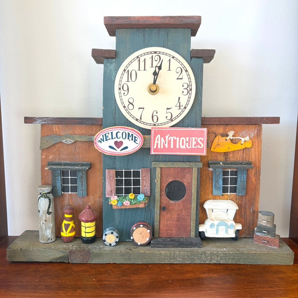 Vintage Wooden Folk Art Antique Shop Storefront Clock Rustic Hand Painted Decor
